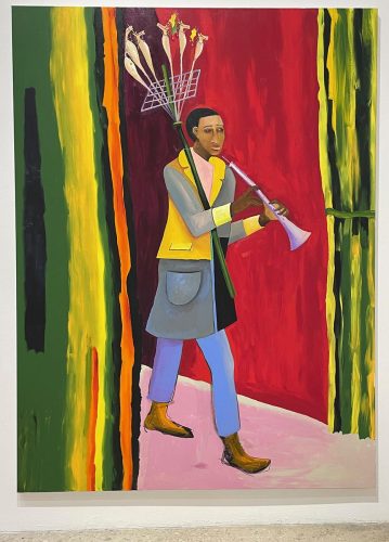 A painting of a person playing a trumpet Description automatically generated