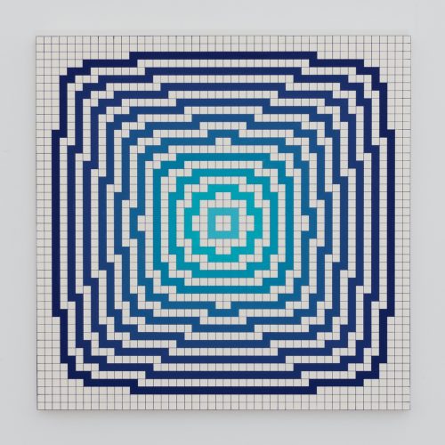 A blue and white square pattern Description automatically generated