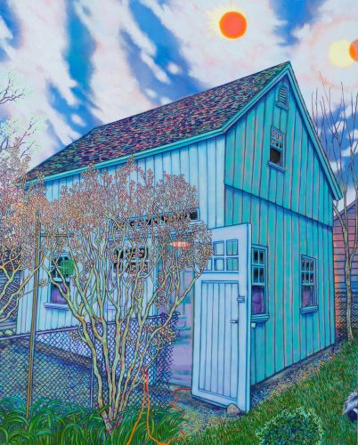 A blue house with a fence and trees Description automatically generated