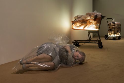 A person wrapped in plastic in a room Description automatically generated