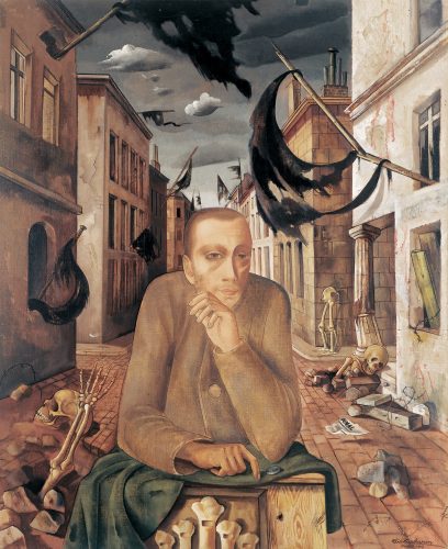 A painting of a person sitting in a street Description automatically generated