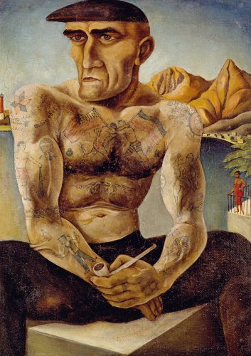 A painting of a person with tattoos Description automatically generated