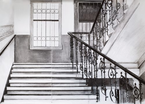 A close-up of a staircase Description automatically generated