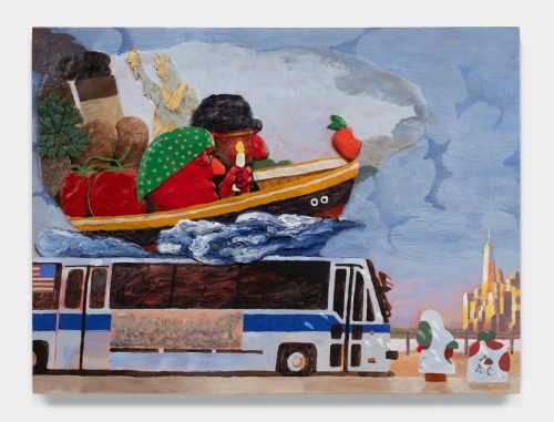 A painting of a boat on a bus Description automatically generated