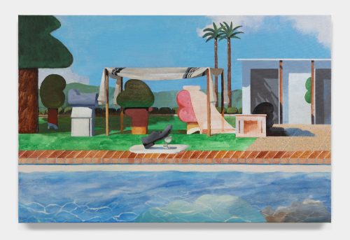 A painting of a house by a pool Description automatically generated