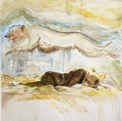 A painting of a person lying down under an umbrella Description automatically generated