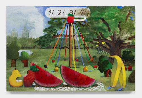 A painting of fruit on a swing Description automatically generated