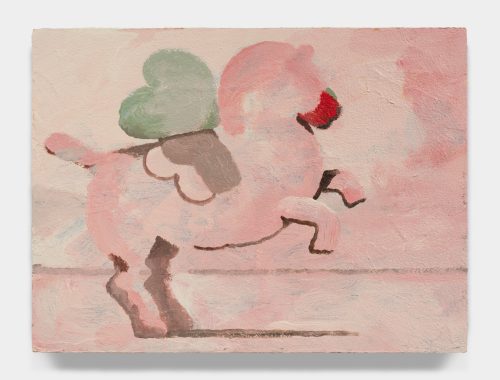 A pink horse with hearts on its back Description automatically generated