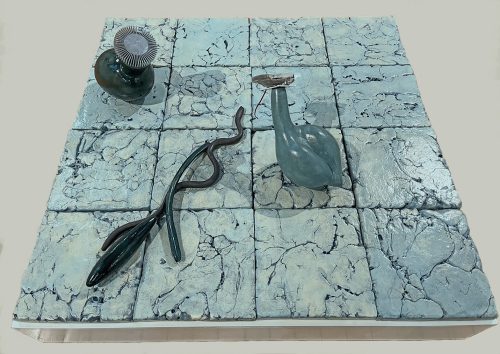 A chess board with a snake and a snake AI-generated content may be incorrect.