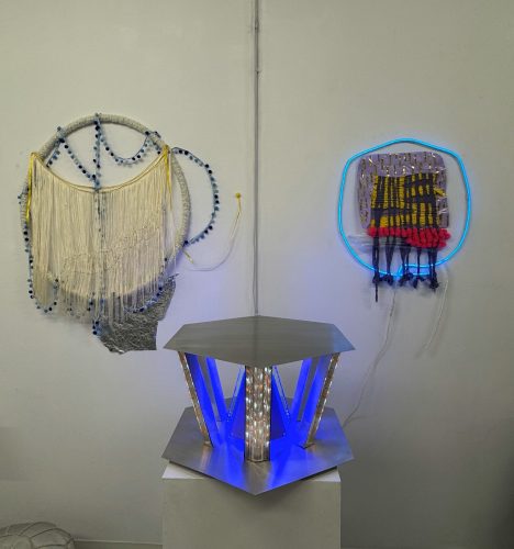 A display of art on a white surface AI-generated content may be incorrect.