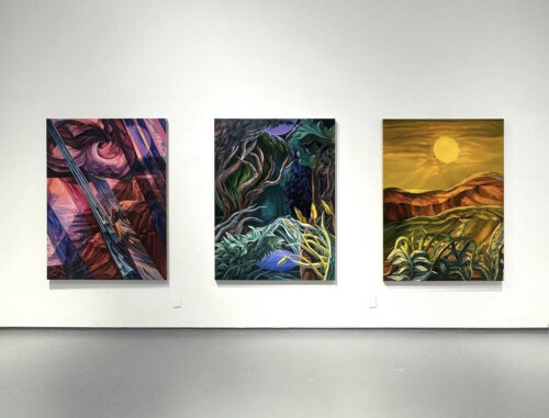 Rachel MacFarlane, Triptych Installation View, Roar at Eventide, Equinox, andSun Hold (photo courtesy of Hollis Taggart Downtown)