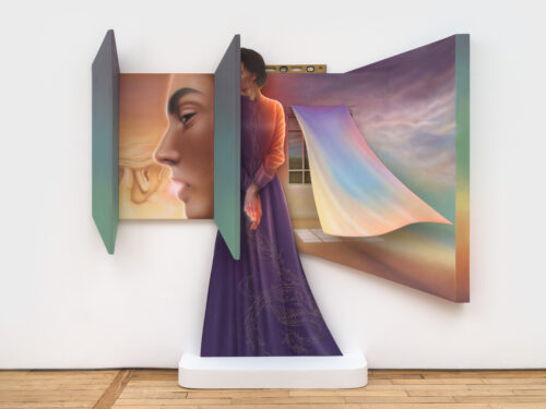 Arghavan Khosravi The Whisper, 2026 acrylic on shaped wood panel, acrylic on canvas mounted over shaped wood panel 70 x 85 x 7 1/4 in