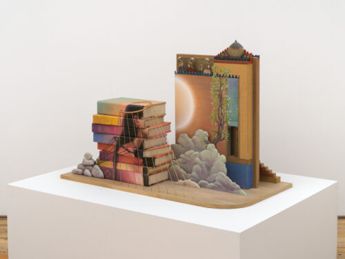 Arghavan Khosravi, Suspended, 2026, acrylic on canvas mounted on wood panel, acrylic on wood cutout, acrylic on shaped wood panel, leather cord, rubber cord, plexiglass 27 1/2 x 30 x 19 in