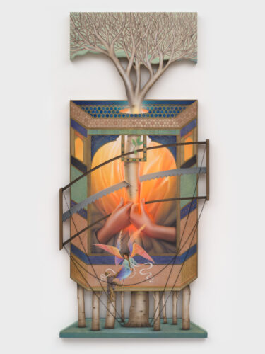 Arghavan Khosravi Incision, 2026 acrylic on wood panel and acrylic on canvas mounted on shaped wood panel, metal chain 64 1/2 x 30 x 1 1/2 in