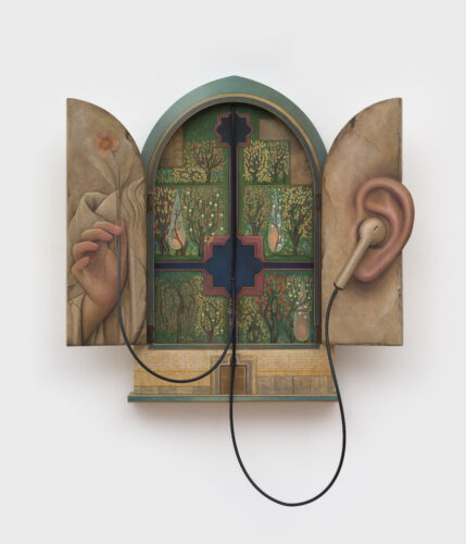 Arghavan Khosravi, The Listener, 2026, acrylic on shaped wood panel, acrylic on canvas, cord 19 1/2 x 20 x 2 in