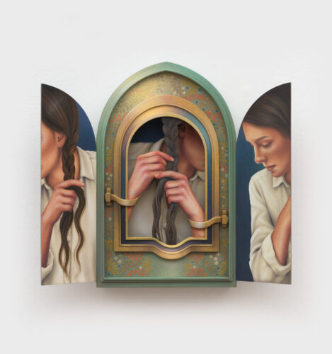 Arghavan Khosravi, Bound, 2026, acrylic on canvas mounted on wood panel, acrylic on shaped wood panel, wood cutout, 13 1/2 x 15 x 2 in