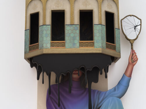 Arghavan Khosravi, Bearing, 2026, acrylic on canvas stretched over shaped wood, panel, acrylic on wood panel, wood cutouts, plexi mirror, 88 x 26 1/2 x 7 3/4 in