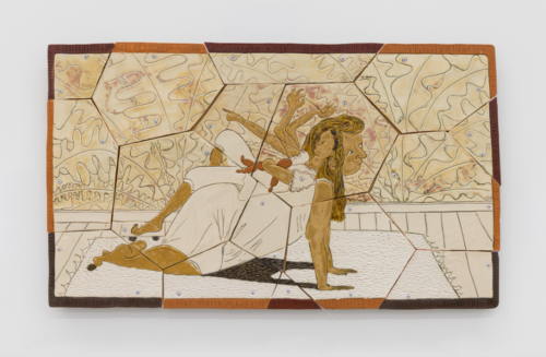 Gabriela Vainsencher, The Lesson (White Rug), 2026, Glazed porcelain mounted on Baltic Birch, 18.50 h x 31.50 w x 2.50 d inches. Courtesy of the artist and Asya Geisberg Gallery. Photography: Etienne Frossard.