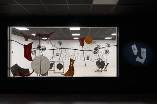 Installation view from outside the gallery of Cantilevers – Katy Fischer & Marie Lorenz