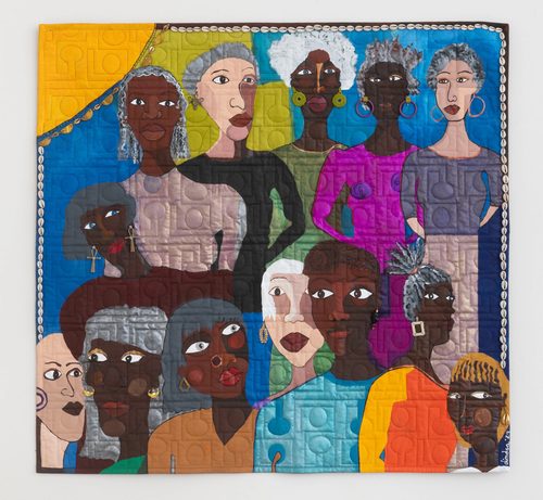 Dindga McCannon, The Brown Sisters-Shade of the Rainbow, 2024, Mixed media quilt, paint, fabric, vintage jewelry, 37” x 39”, photo courtesy of the gallery