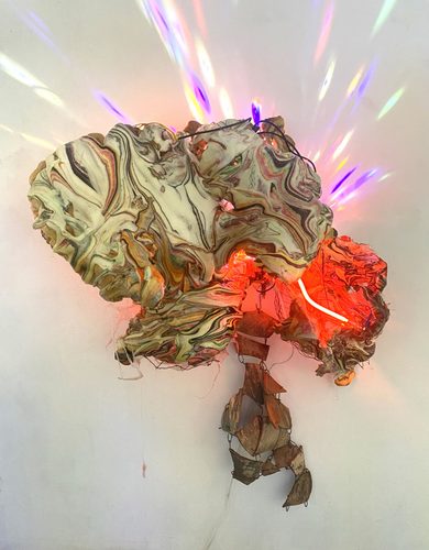 Judy Pfaff, Cockatrice, 2023, pigmented urethane foam, ceramic, chain, neon lighting, LED disco lighting, 70” x 56’ x 27’,, photo courtesy of Marc Straus Gallery