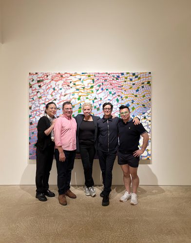 Left to Right: Irene Shum, Tom Morbitzer, Lisa Corinne Davis, Jorge Zapata, Goil Amornvivat in front of Lisa’s work, “Transitory Track” 2024. Photo courtesy of the Williamsburg Biannual, Inc. @williamsburgbiannual