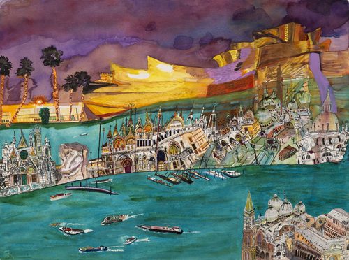 Olive Ayhens, Bilbao, Venezia and Palm Springs, 1999, Ink and watercolor on paper. 22.5 x 30 inches