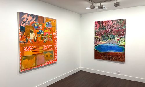 Olive Ayhens on right and Ezra Johnson on left, installation view at Bookstein Projects