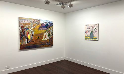 Olive Ayhens on left and Ezra Johnson on right, installation view at Bookstein Projects