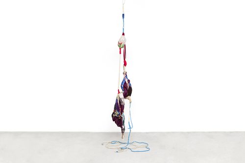 Sonia Gomes, Pendente 2, 2016, stitching, bindings, different fabrics and lace on wire, rope, 236” x 31’ x31’, photo courtesy of Marc Straus Gallery